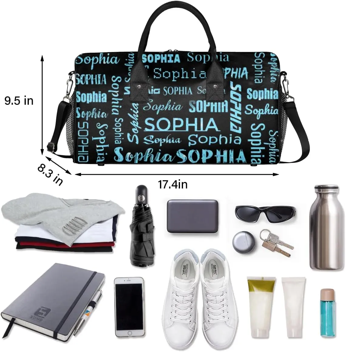 Personalized Name Travel Duffel Bag, Custom Gym Bag for Women Men, Black Overnight Weekend Bags, Dance Bag, Honeymoon Bag Personalized Gift, Blue Sequins