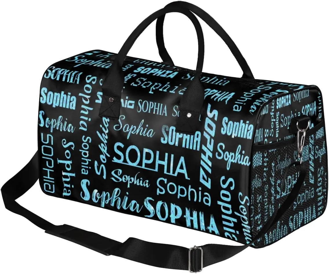 Personalized Name Travel Duffel Bag, Custom Gym Bag for Women Men, Black Overnight Weekend Bags, Dance Bag, Honeymoon Bag Personalized Gift, Blue Sequins