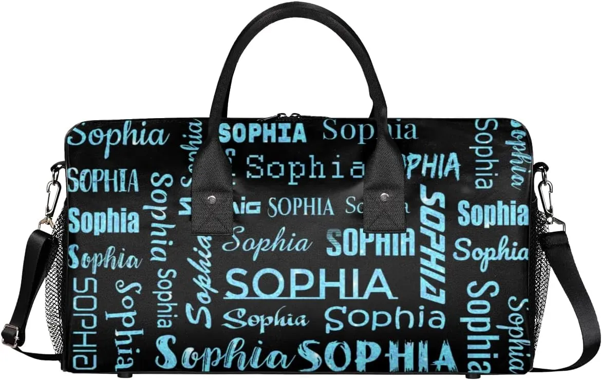 Personalized Name Travel Duffel Bag, Custom Gym Bag for Women Men, Black Overnight Weekend Bags, Dance Bag, Honeymoon Bag Personalized Gift, Blue Sequins