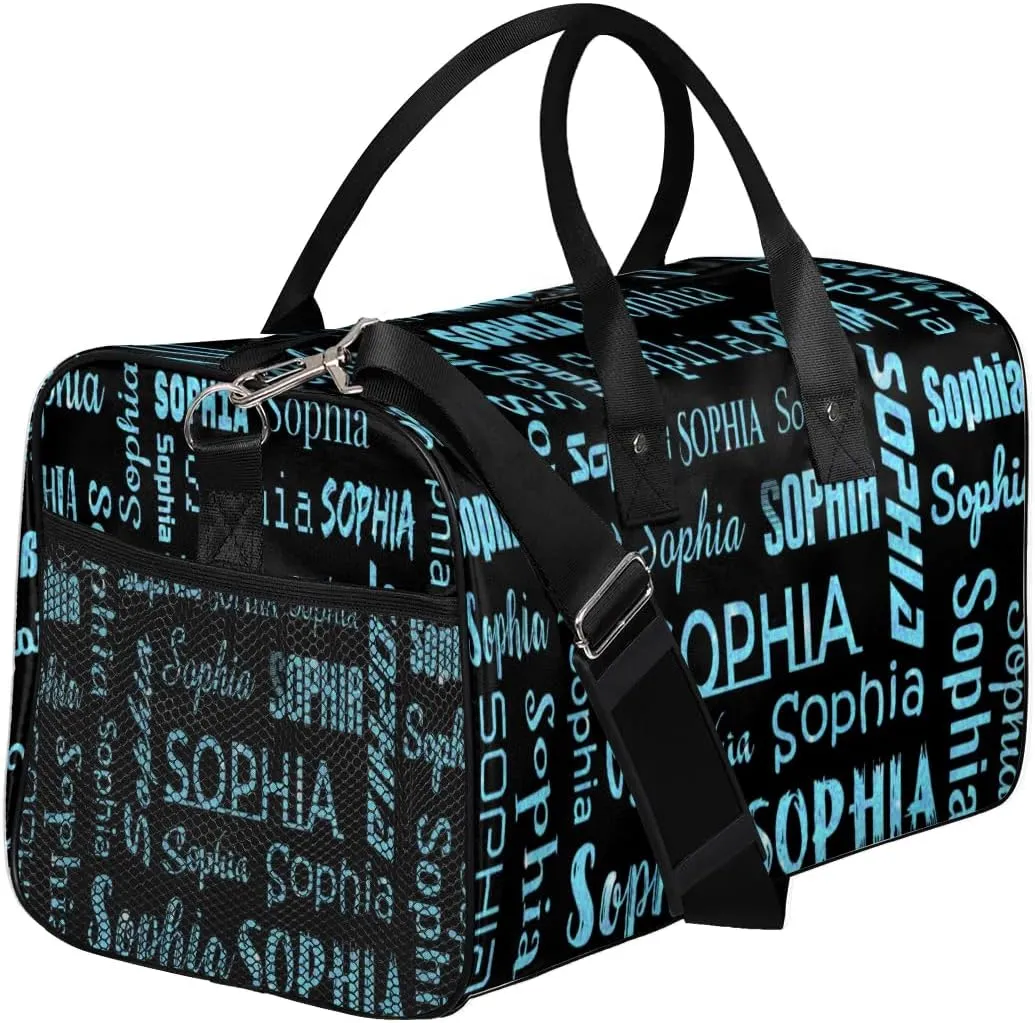 Personalized Name Travel Duffel Bag, Custom Gym Bag for Women Men, Black Overnight Weekend Bags, Dance Bag, Honeymoon Bag Personalized Gift, Blue Sequins