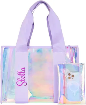 Personalized Soap Bubble Beach Tote - Iridescent Waterproof Clear Tote Bag with Phone Pouch for Women, Tip-Proof Travel Essentials for Pool, Cruise, Bachelorette & Personalized Gifts