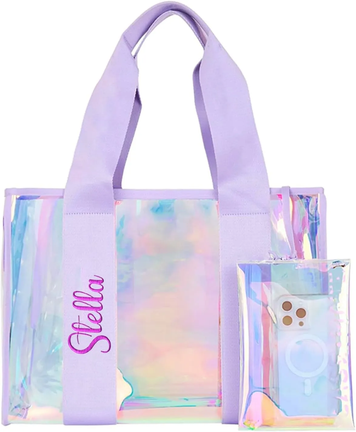 Personalized Soap Bubble Beach Tote - Iridescent Waterproof Clear Tote Bag with Phone Pouch for Women, Tip-Proof Travel Essentials for Pool, Cruise, Bachelorette & Personalized Gifts