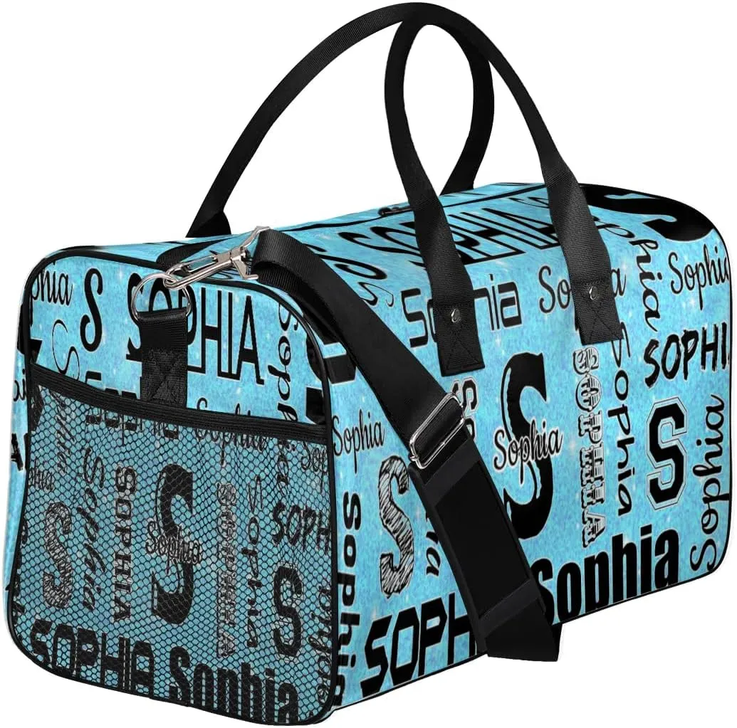 Personalized Travel Sports Bag for Women, Custom Gym Duffel Bags Birthday Gift with Your Name Cheer Dance Overnight Weekender Bag Blue Sequins