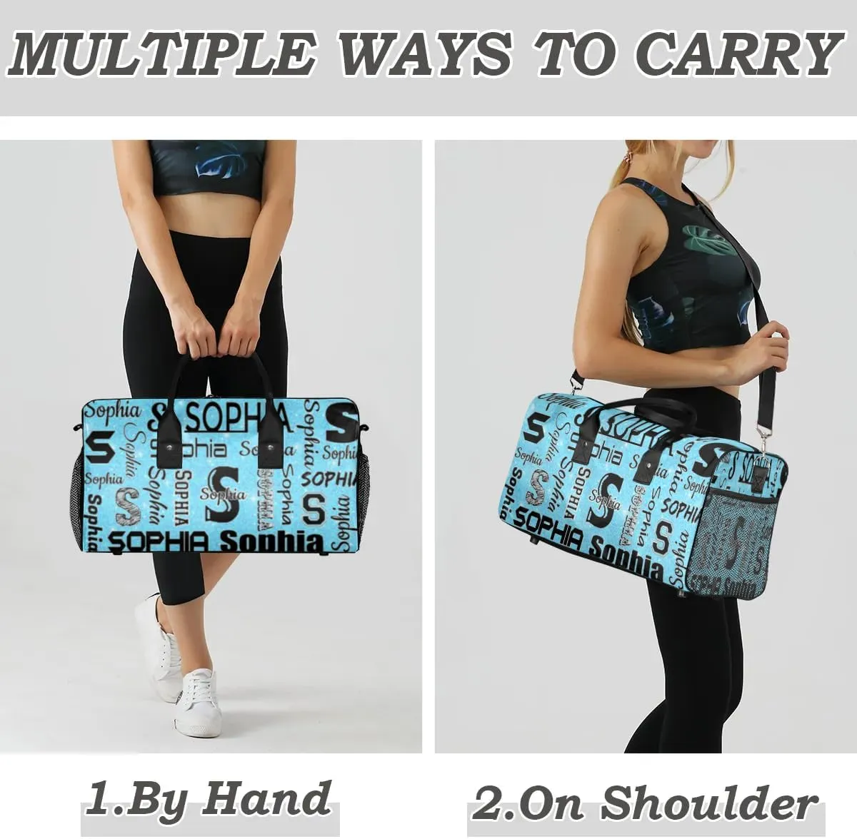 Personalized Travel Sports Bag for Women, Custom Gym Duffel Bags Birthday Gift with Your Name Cheer Dance Overnight Weekender Bag Blue Sequins