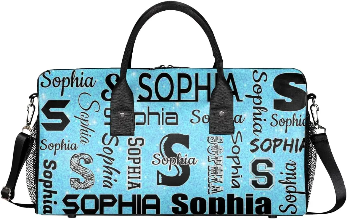 Personalized Travel Sports Bag for Women, Custom Gym Duffel Bags Birthday Gift with Your Name Cheer Dance Overnight Weekender Bag Blue Sequins