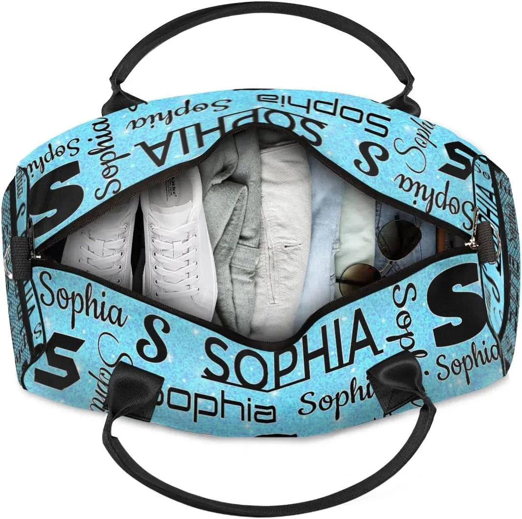 Personalized Travel Sports Bag for Women, Custom Gym Duffel Bags Birthday Gift with Your Name Cheer Dance Overnight Weekender Bag Blue Sequins