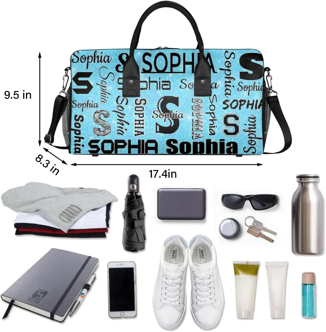 Personalized Travel Sports Bag for Women, Custom Gym Duffel Bags Birthday Gift with Your Name Cheer Dance Overnight Weekender Bag Blue Sequins