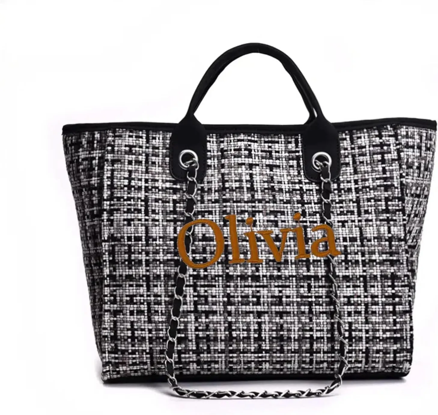 Personalized Tweed Tote Bag with Custom Name Embroidery, Black and White Pattern, Chain Strap，Mother's Day Gift