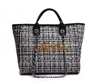 Personalized Tweed Tote Bag with Custom Name Embroidery, Black and White Pattern, Chain Strap，Mother's Day Gift