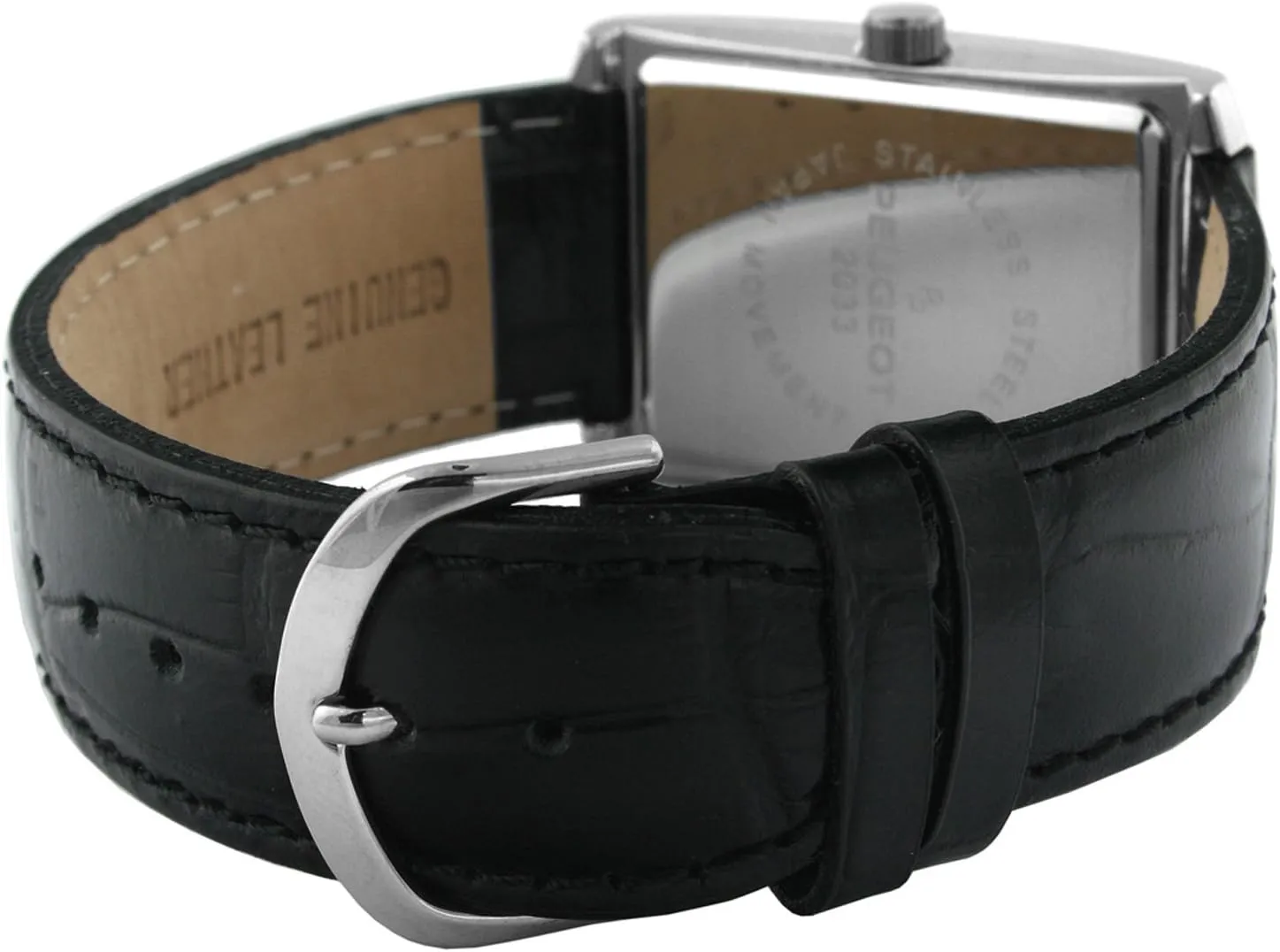 Peugeot Men's Rectangular Textured Roman Numeral Dial Classic Dress Wrist Watch with Leather Strap Band