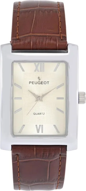 Peugeot Men's Rectangular Textured Roman Numeral Dial Classic Dress Wrist Watch with Leather Strap Band