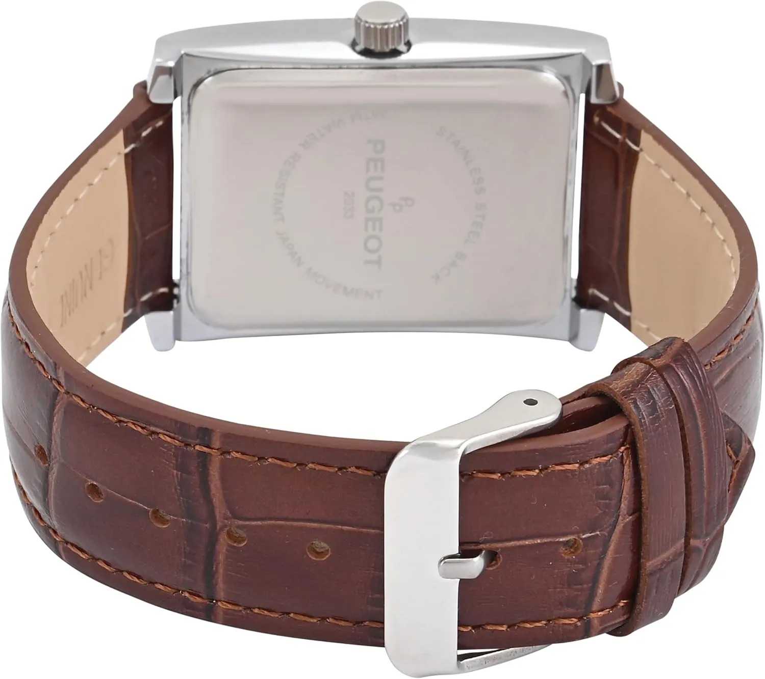 Peugeot Men's Rectangular Textured Roman Numeral Dial Classic Dress Wrist Watch with Leather Strap Band