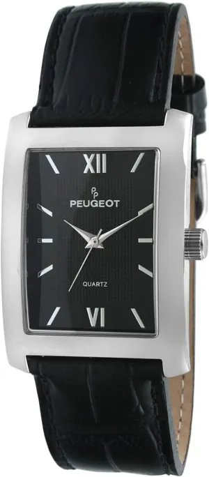 Peugeot Men's Rectangular Textured Roman Numeral Dial Classic Dress Wrist Watch with Leather Strap Band