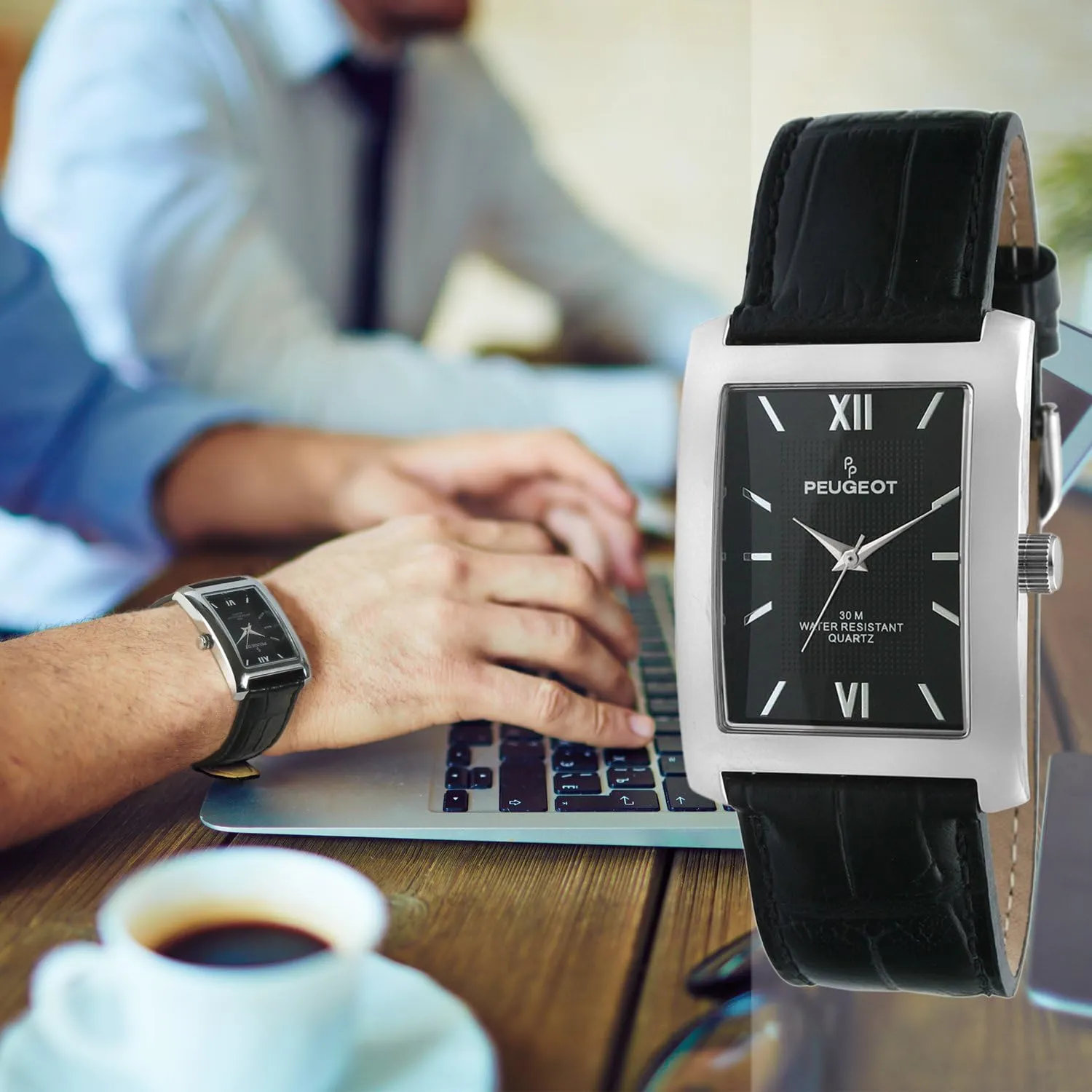 Peugeot Men's Rectangular Textured Roman Numeral Dial Classic Dress Wrist Watch with Leather Strap Band