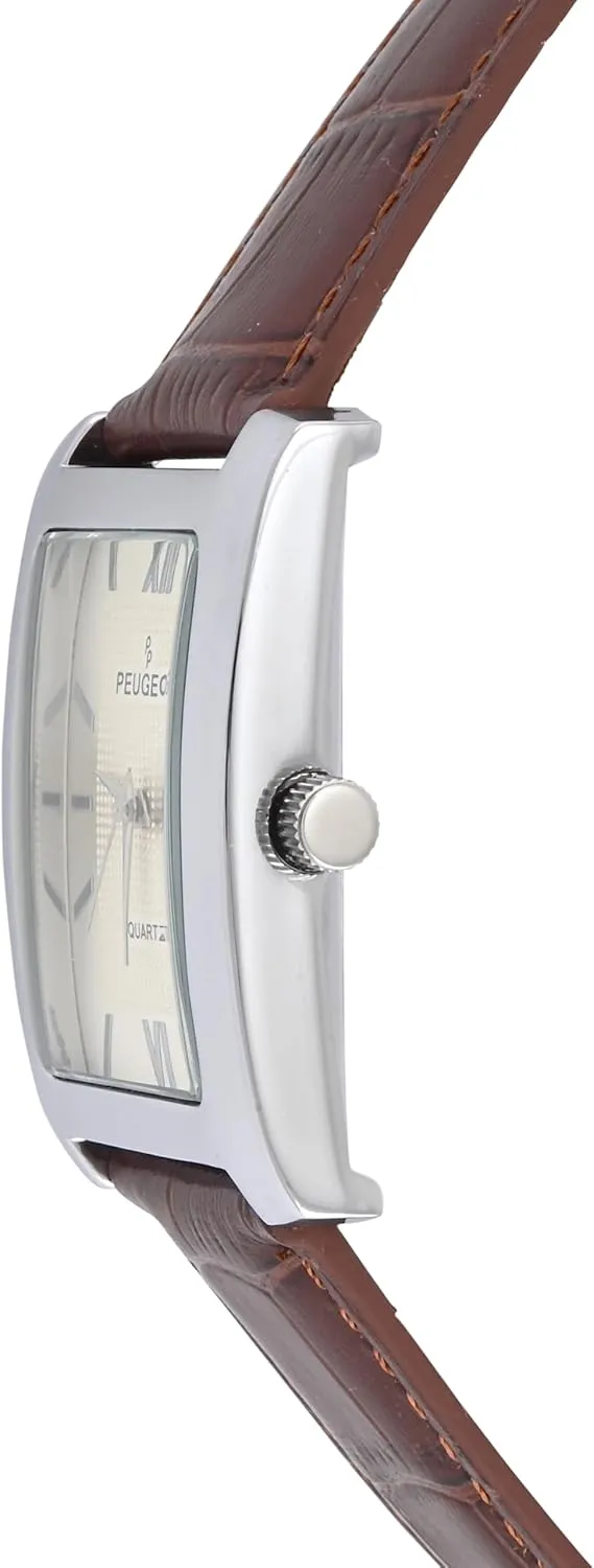Peugeot Men's Rectangular Textured Roman Numeral Dial Classic Dress Wrist Watch with Leather Strap Band