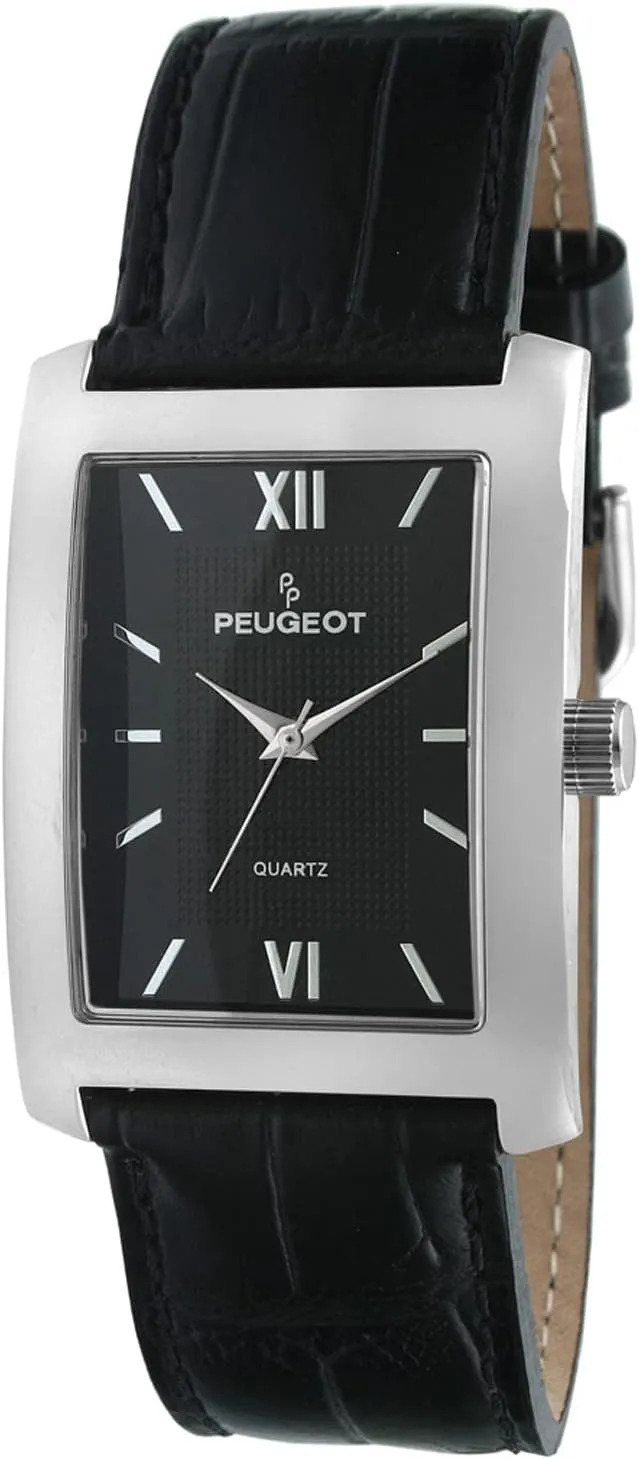 Peugeot Men's Rectangular Textured Roman Numeral Dial Classic Dress Wrist Watch with Leather Strap Band