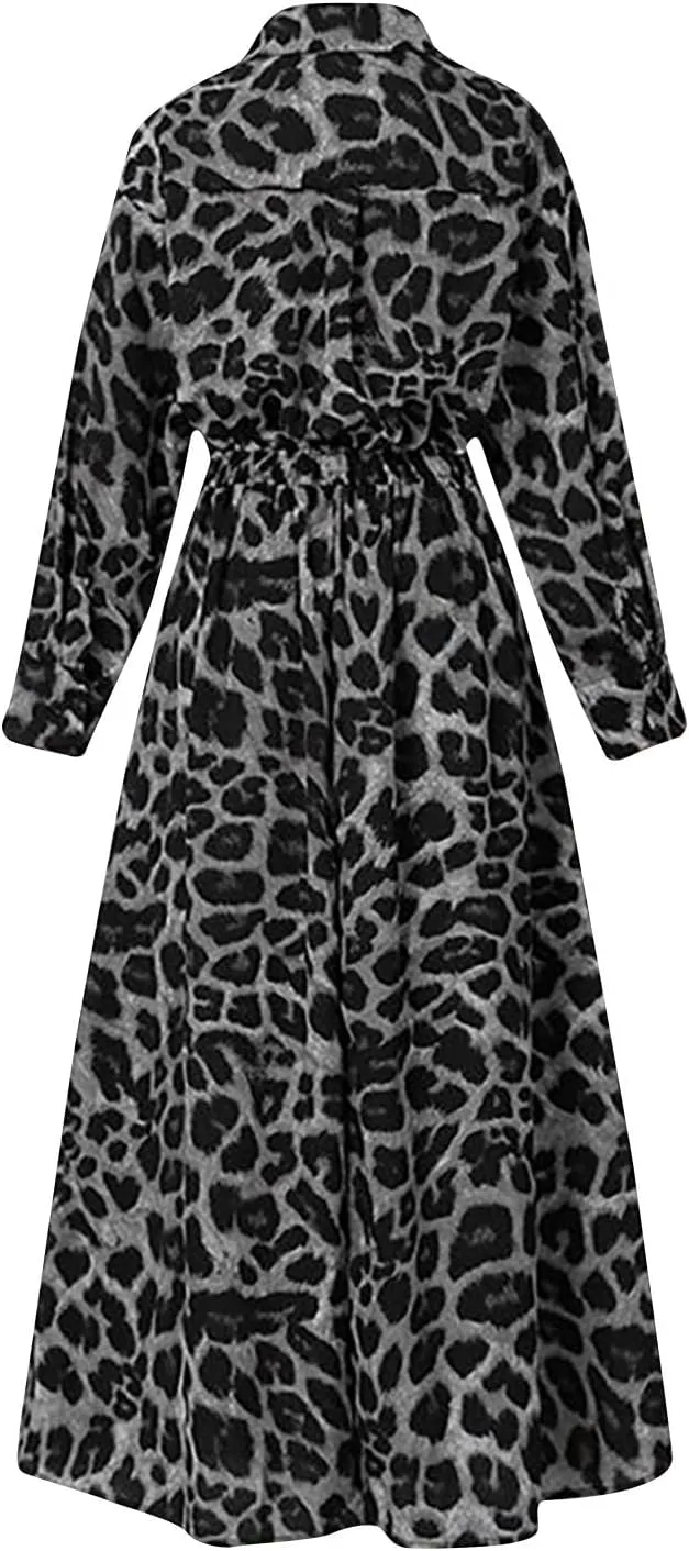 Plus Size Dresses for Curvy Women Long Sleeve Leopard Print Empire Waist Button Up Maxi Dress Causal Ruffle Dresses