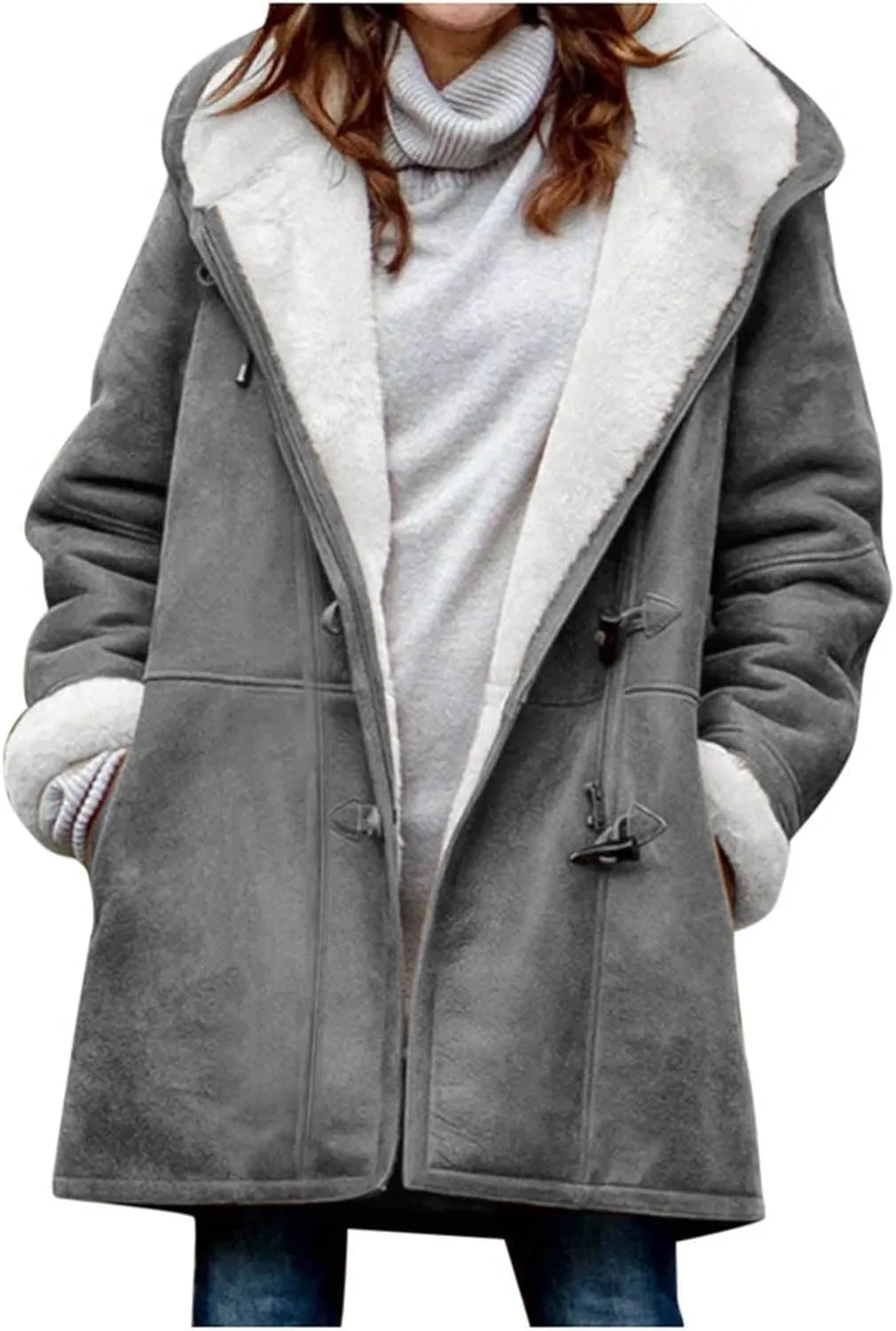 Plus Size Winter Coats for Women 2024 Warm Fleece Lined Jacket Button Sherpa Fur Hooded Parka Suede Peacoat Outerwear