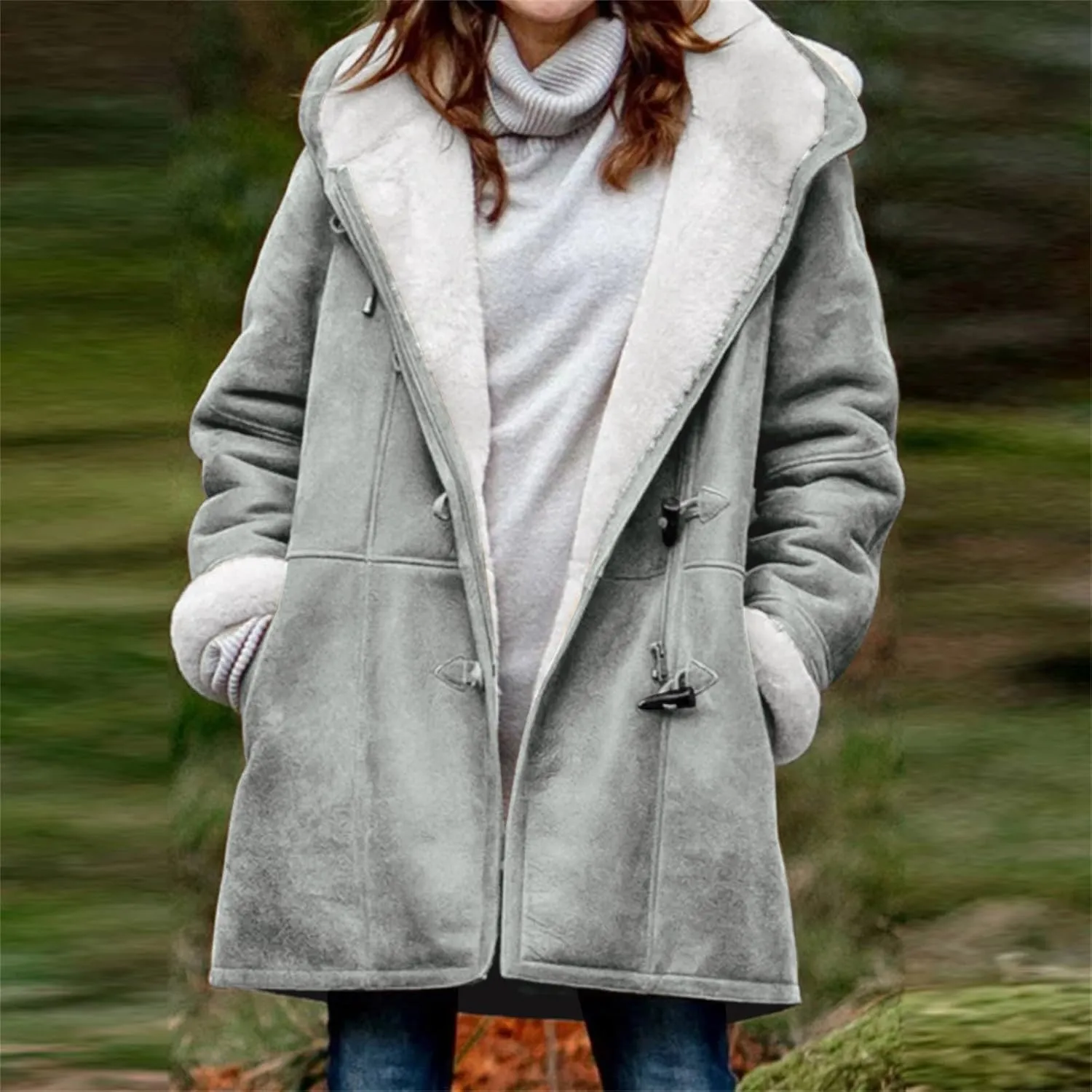 Plus Size Winter Coats for Women 2024 Warm Fleece Lined Jacket Button Sherpa Fur Hooded Parka Suede Peacoat Outerwear