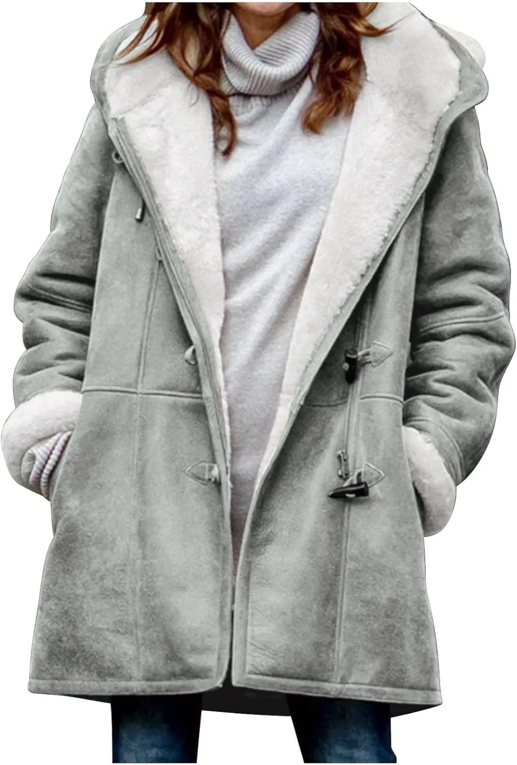 Plus Size Winter Coats for Women 2024 Warm Fleece Lined Jacket Button Sherpa Fur Hooded Parka Suede Peacoat Outerwear