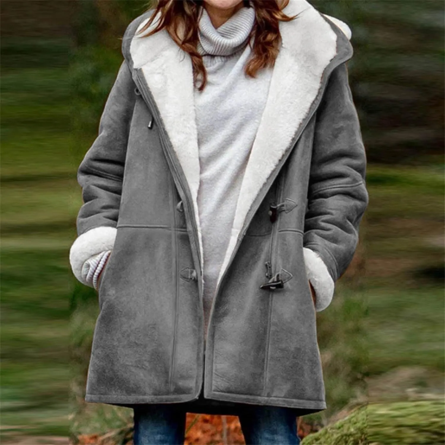 Plus Size Winter Coats for Women 2024 Warm Fleece Lined Jacket Button Sherpa Fur Hooded Parka Suede Peacoat Outerwear