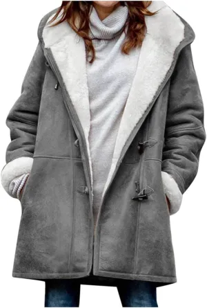 Plus Size Winter Coats for Women 2024 Warm Fleece Lined Jacket Button Sherpa Fur Hooded Parka Suede Peacoat Outerwear