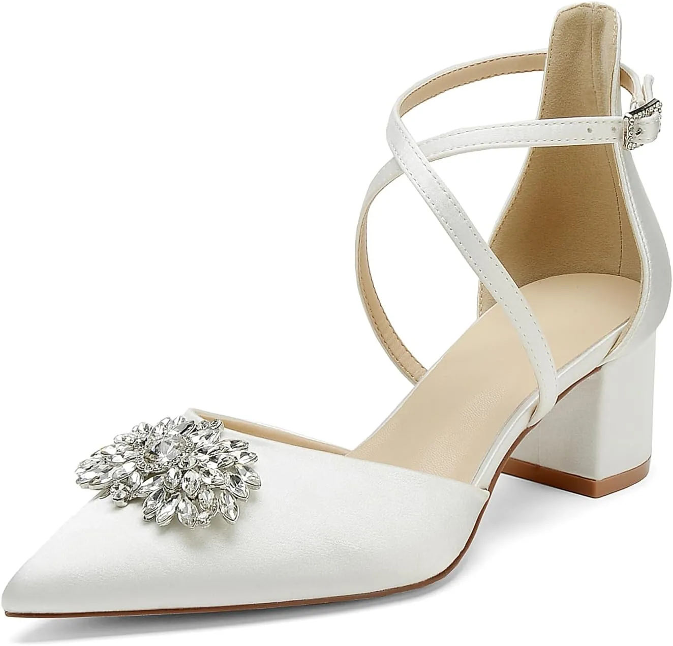 Pointed Toe Satin Wedding Shoes - White Low Heels, Rhinestones, Cross Strappy Block Heels - Comfortable Dress Shoes for Women