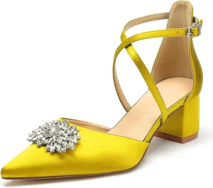 Pointed Toe Satin Wedding Shoes - White Low Heels, Rhinestones, Cross Strappy Block Heels - Comfortable Dress Shoes for Women