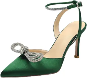 Pointed Toe Satin White Wedding High Heels Rhinestone Ankle Strap Dress Shoes Pumps for Bride