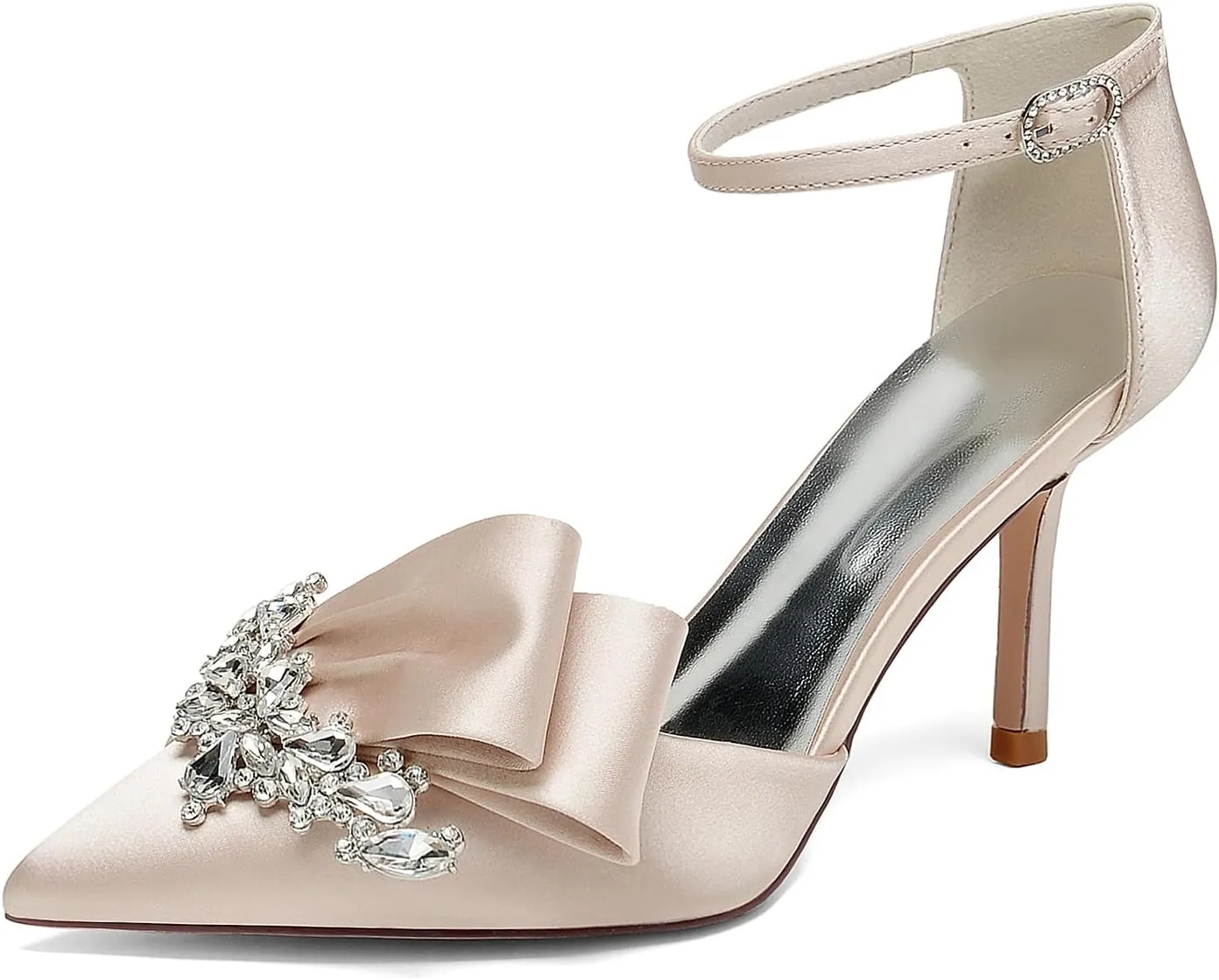 Pointed Toe White Wedding Shoes for Bride High Heels Satin Bridal Shoes Ankle Strap Crystal White Heels Dress Shoes for Women Pumps