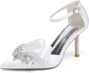 Pointed Toe White Wedding Shoes for Bride High Heels Satin Bridal Shoes Ankle Strap Crystal White Heels Dress Shoes for Women Pumps