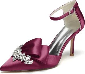 Pointed Toe White Wedding Shoes for Bride High Heels Satin Bridal Shoes Ankle Strap Crystal White Heels Dress Shoes for Women Pumps