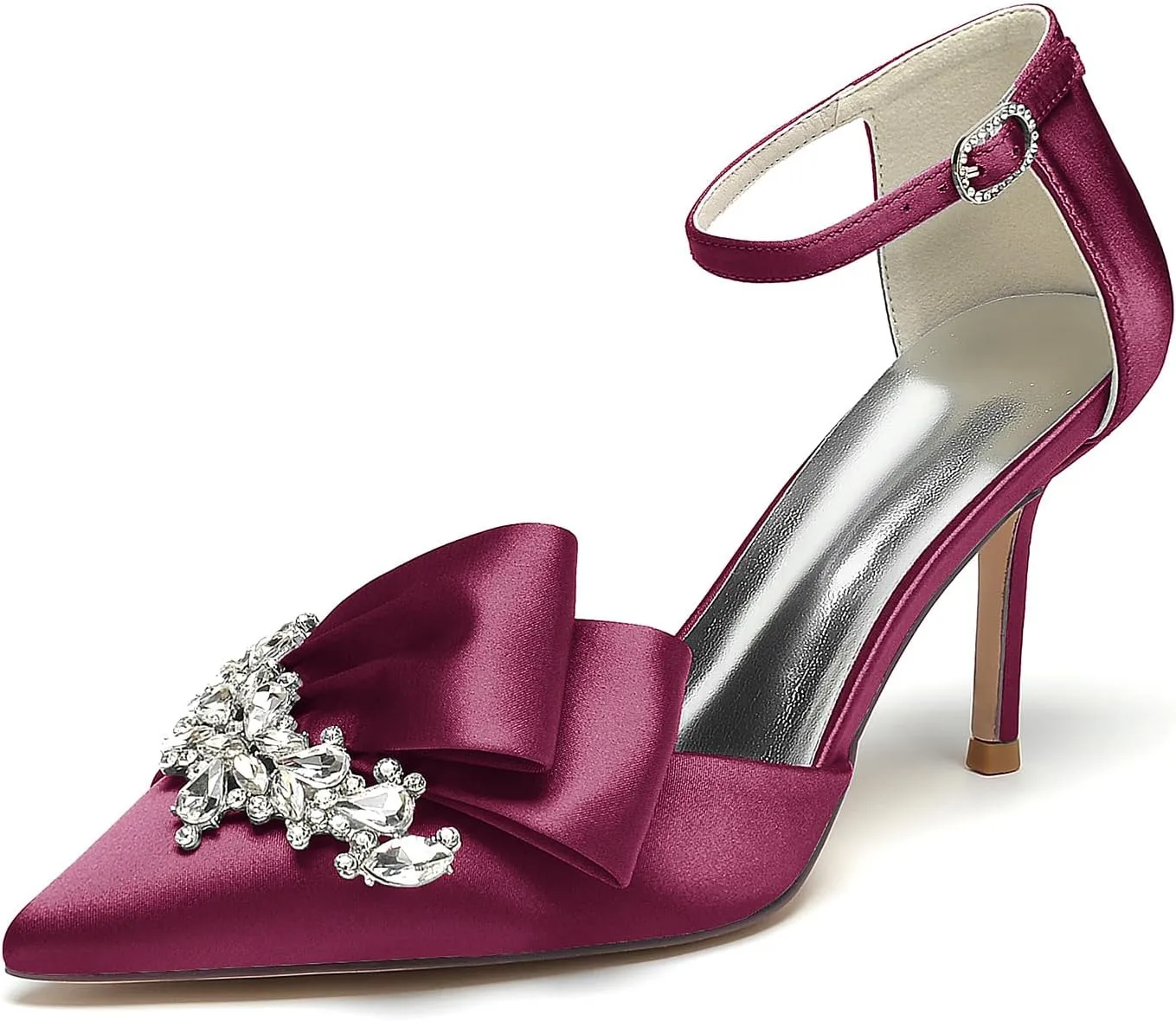 Pointed Toe White Wedding Shoes for Bride High Heels Satin Bridal Shoes Ankle Strap Crystal White Heels Dress Shoes for Women Pumps