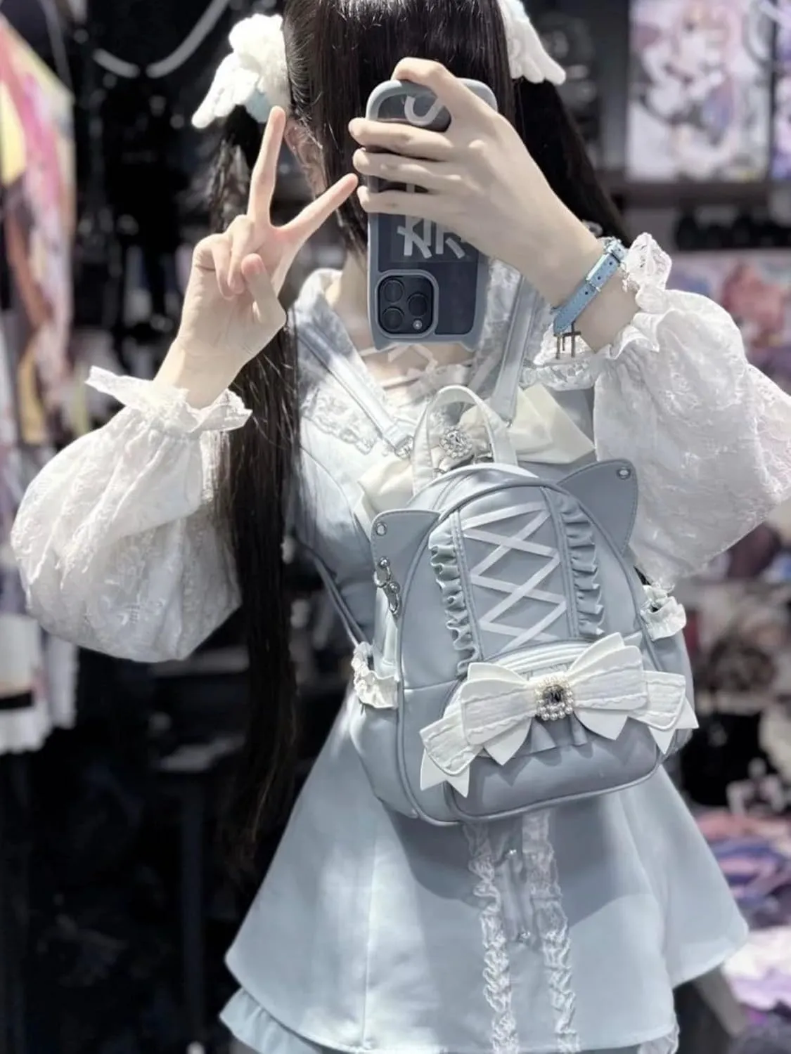 Pokn Jirai Kei Kawaii Bag Gothic Cute Bag Mini Leather Backpack Fashion Small Daypacks Purse for Women Cutecore (Blue)
