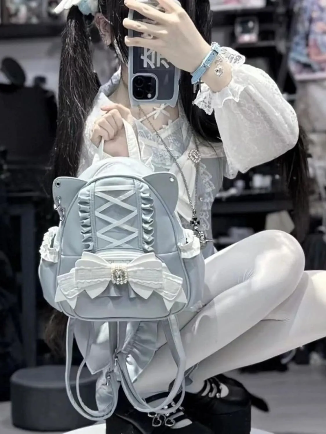 Pokn Jirai Kei Kawaii Bag Gothic Cute Bag Mini Leather Backpack Fashion Small Daypacks Purse for Women Cutecore (Blue)