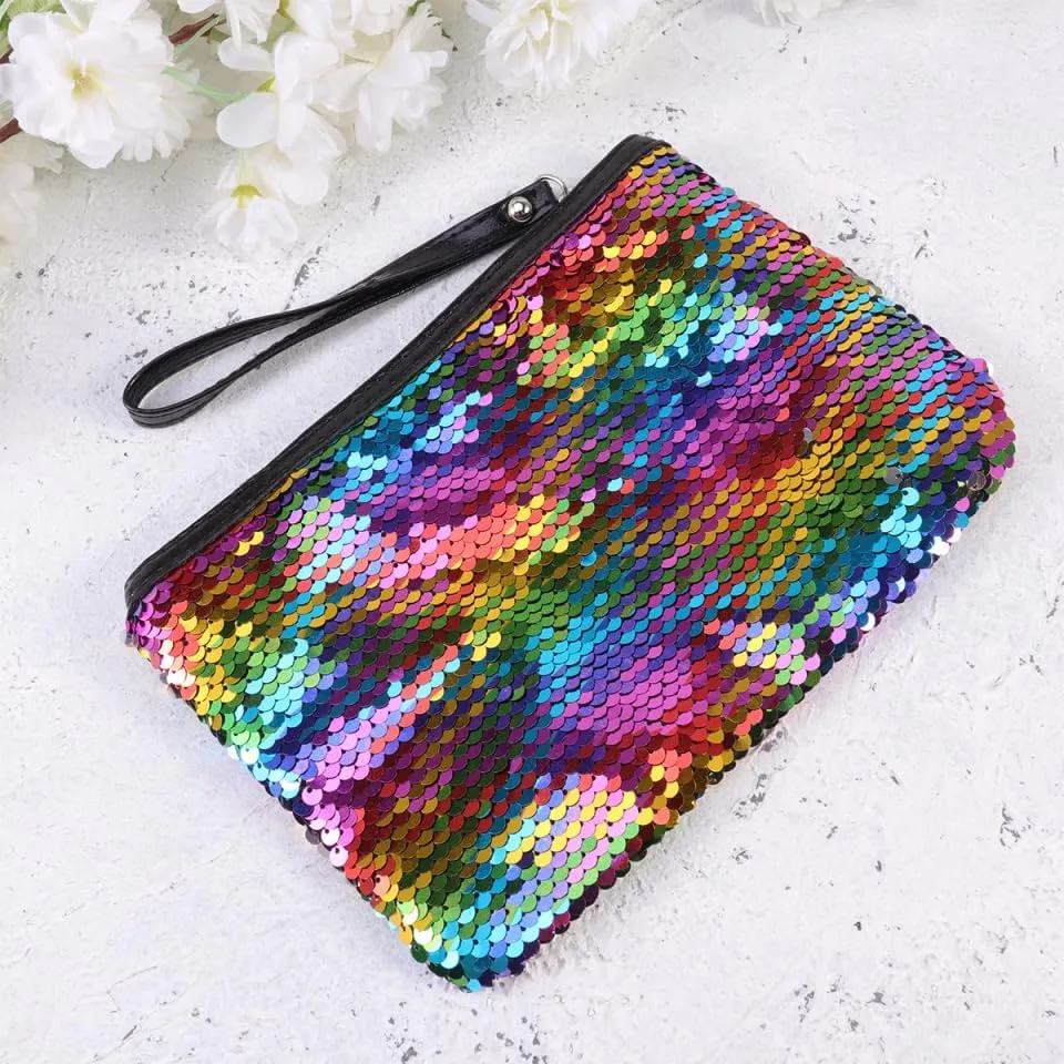 POPETPOP Small Makeup Bag, Reversible Sequin Cosmetic Bag, Sparkly Zipper Sequins Handbag for Women Girls, Portable Pouch Travel Cosmetic Organizer