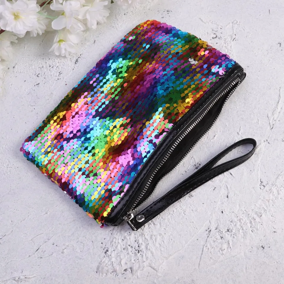 POPETPOP Small Makeup Bag, Reversible Sequin Cosmetic Bag, Sparkly Zipper Sequins Handbag for Women Girls, Portable Pouch Travel Cosmetic Organizer