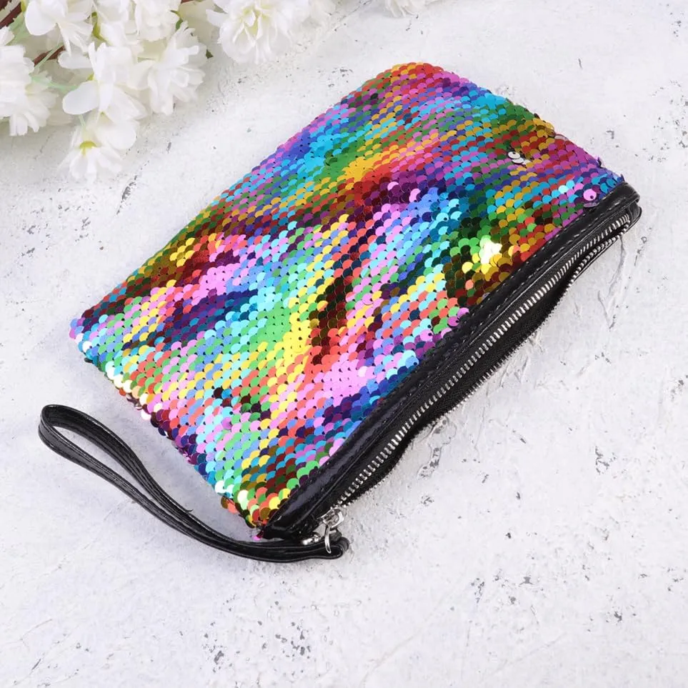 POPETPOP Small Makeup Bag, Reversible Sequin Cosmetic Bag, Sparkly Zipper Sequins Handbag for Women Girls, Portable Pouch Travel Cosmetic Organizer
