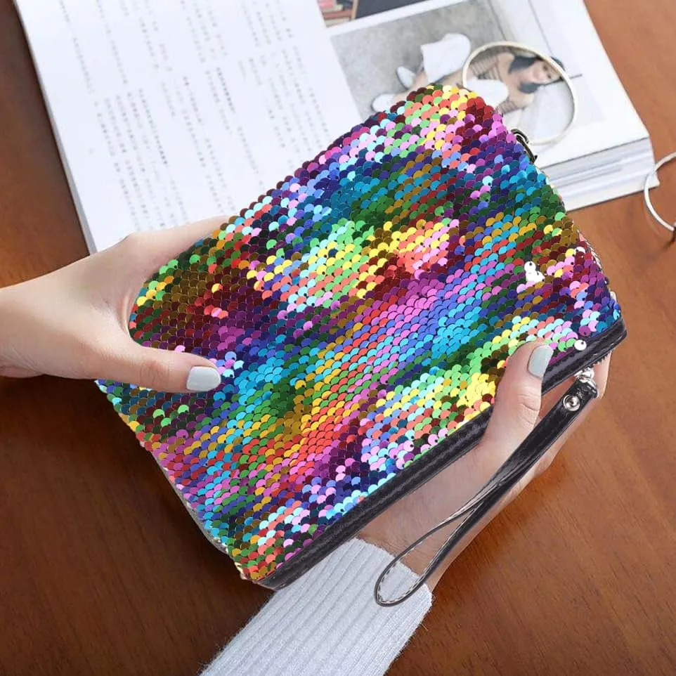 POPETPOP Small Makeup Bag, Reversible Sequin Cosmetic Bag, Sparkly Zipper Sequins Handbag for Women Girls, Portable Pouch Travel Cosmetic Organizer