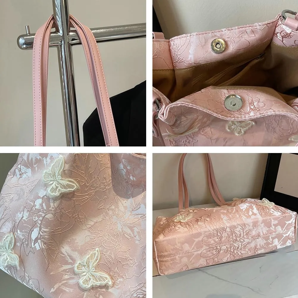 Popular Butterfly Embroidery Tote Bag for Women Casual Large Capacity Shoulder Bag Fresh Fashion Underarm Bags 2025
