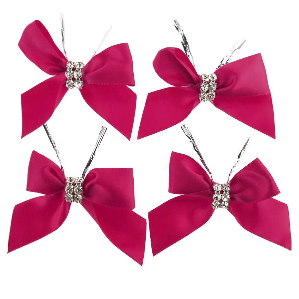 Pre-Tied Satin Bows with Rhinestone, 3-Inch, 4-Piece, Fuchsia