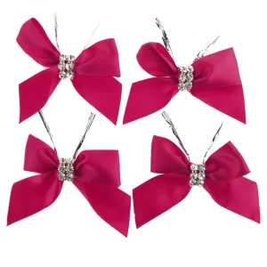 Pre-Tied Satin Bows with Rhinestone, 3-Inch, 4-Piece, Fuchsia