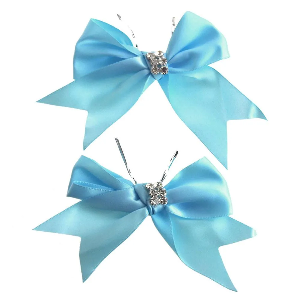 Pre-Tied Satin Bows with Rhinestone, 4-Inch, 2-Piece, Blue