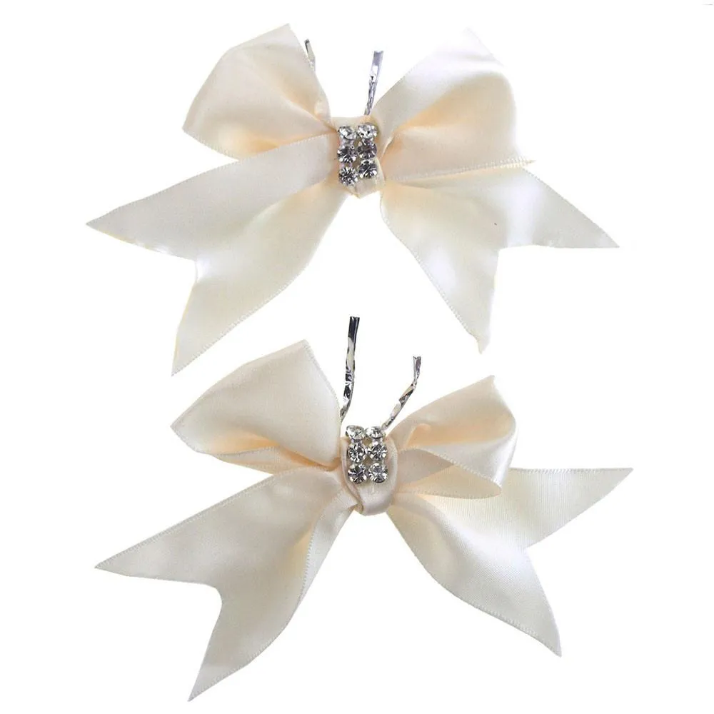 Pre-Tied Satin Bows with Rhinestone, 4-Inch, 2-Piece, Ivory