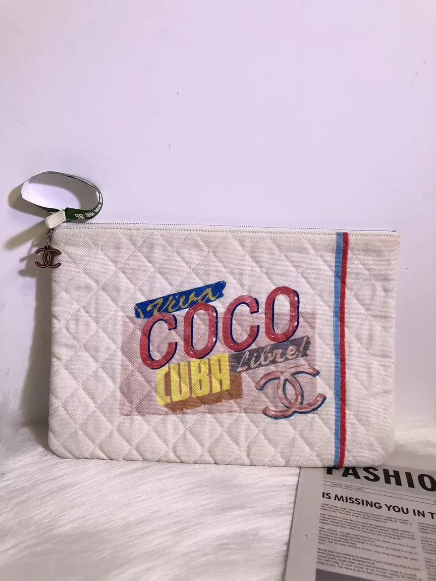 Preloved Chanel CUBA Quilted Canvas Clutch in White with Multicolor Print