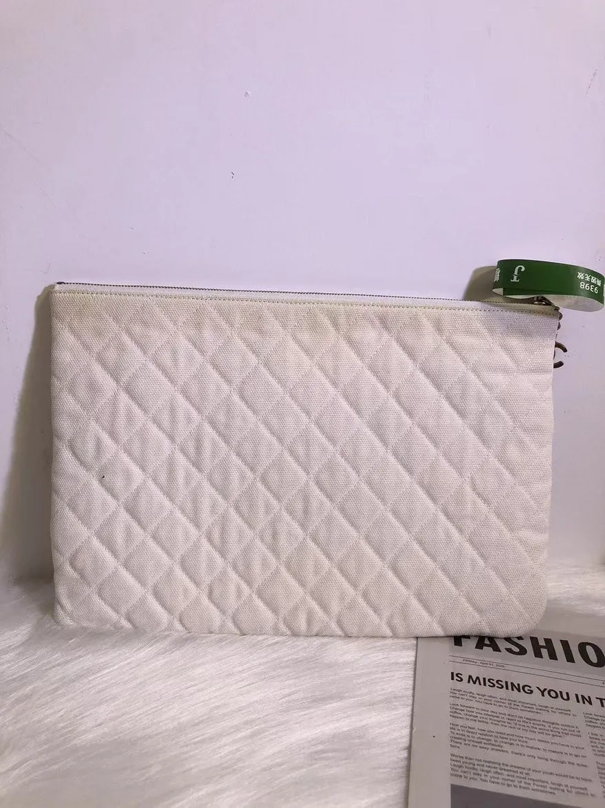Preloved Chanel CUBA Quilted Canvas Clutch in White with Multicolor Print