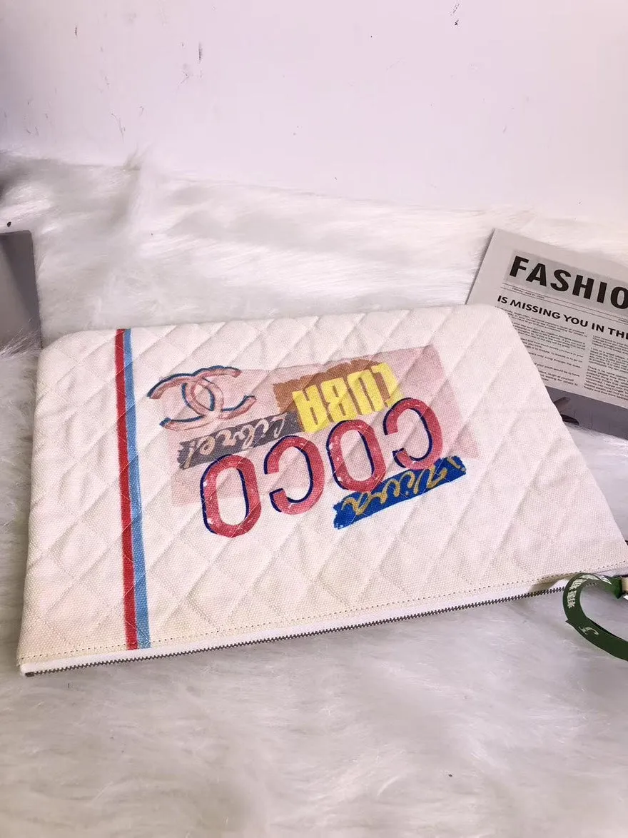 Preloved Chanel CUBA Quilted Canvas Clutch in White with Multicolor Print