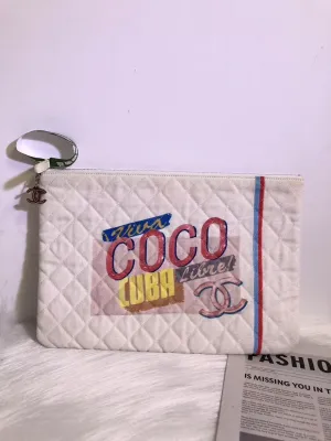 Preloved Chanel CUBA Quilted Canvas Clutch in White with Multicolor Print