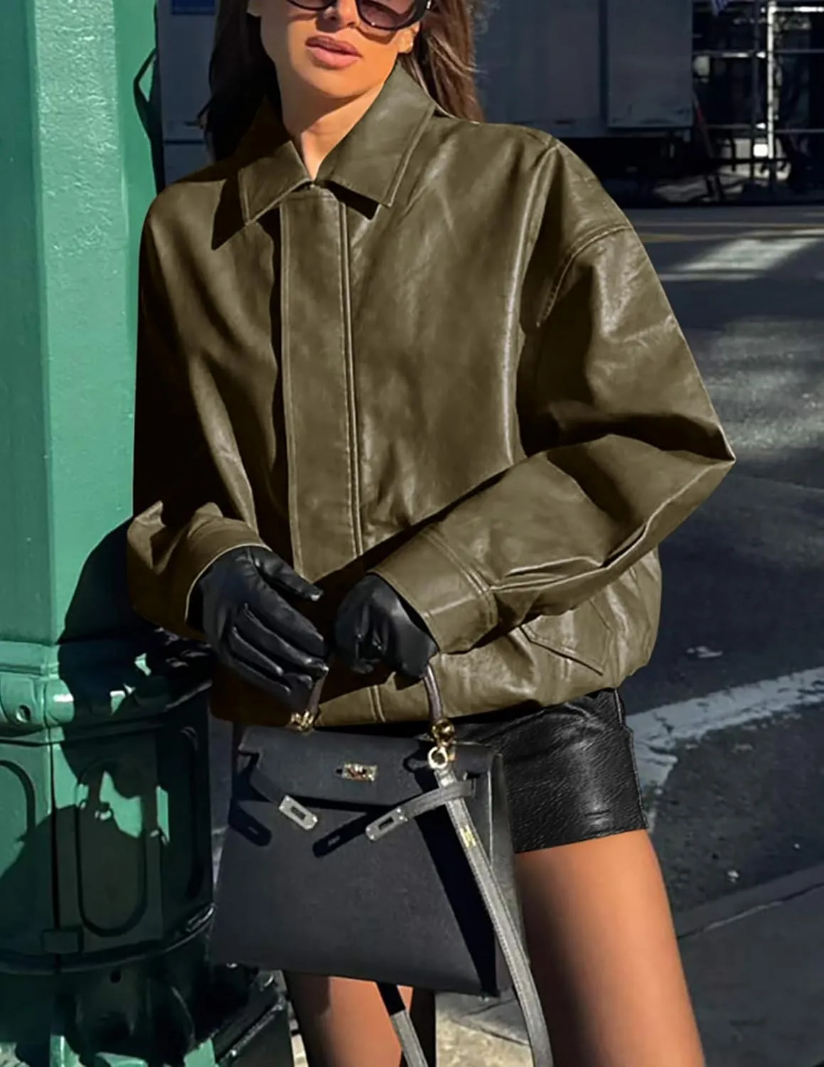 PRETTYGARDEN Women's Faux Leather Motorcycle Jacket Trendy Fall Spring Clothes Oversized Zip Up Winter Coat Outerwear