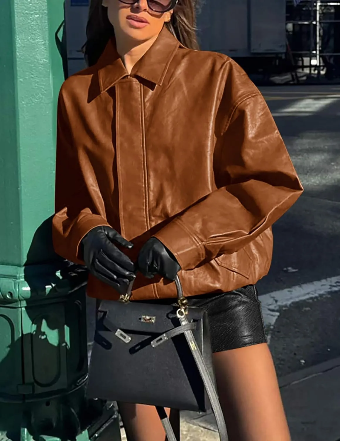 PRETTYGARDEN Women's Faux Leather Motorcycle Jacket Trendy Fall Spring Clothes Oversized Zip Up Winter Coat Outerwear
